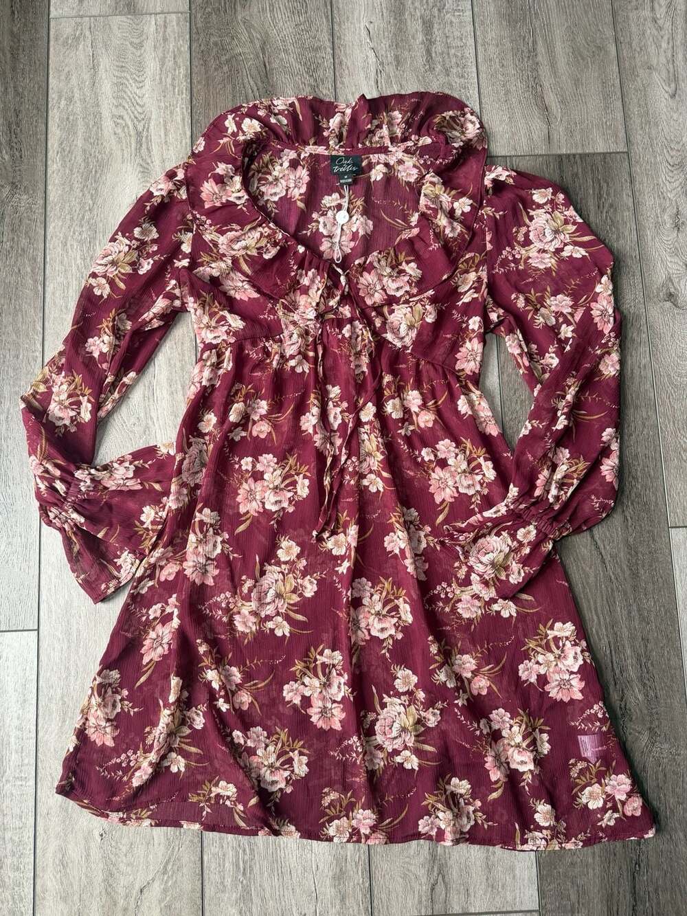 Oak & Trellis Sheer Boho Floral Dress Size M Burgundy Ruffle Chiffon